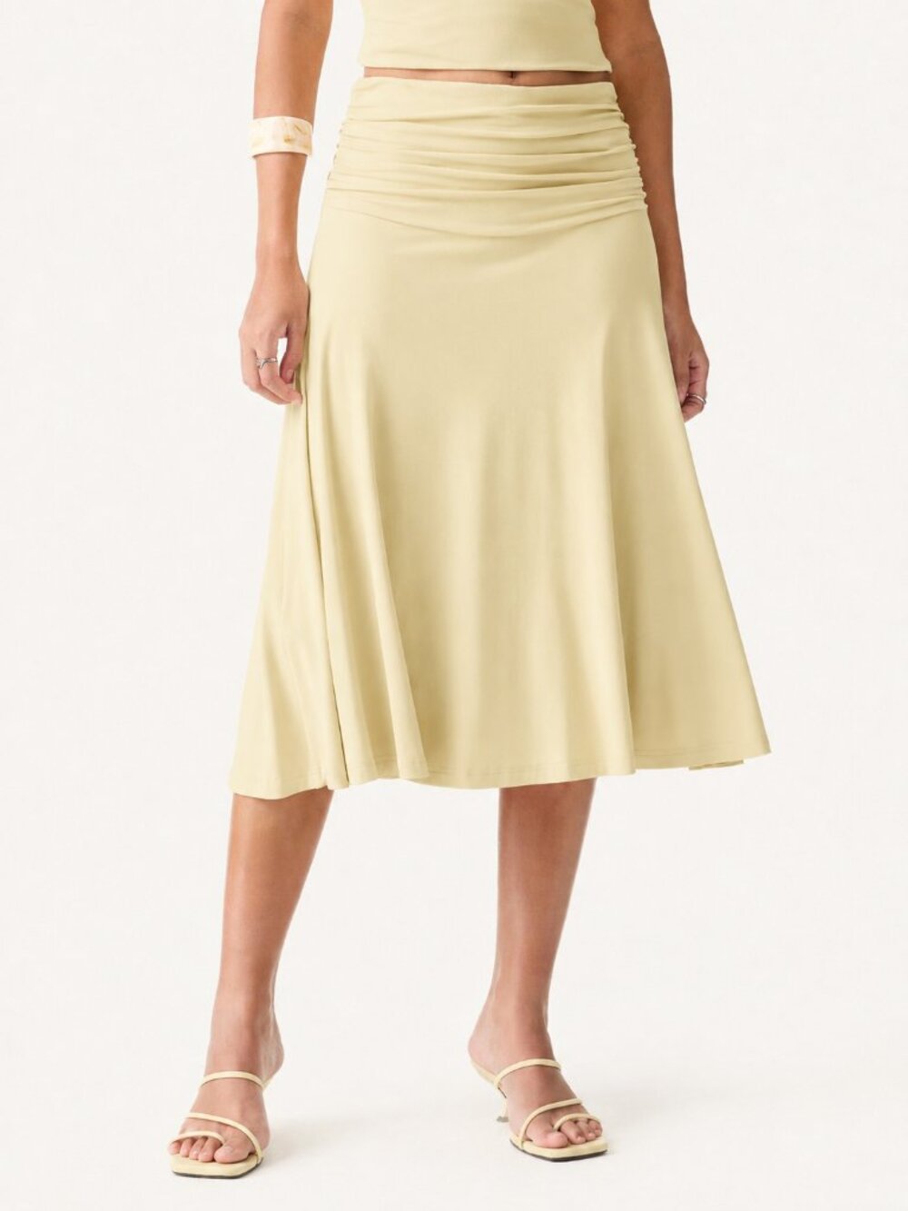 NWT OGL Eco-SkinKiss® Flowy Side Ruched A-line Midi Skirt Butter Yellow Medium